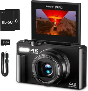 4K Digital Camera for Photography, 64MP Vlogging Camera for YouTube with 3" 180° Flip Screen